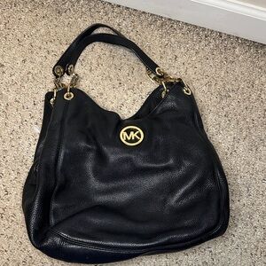 Michael Kors Black Leather Shoulder Bag with Gold Accents